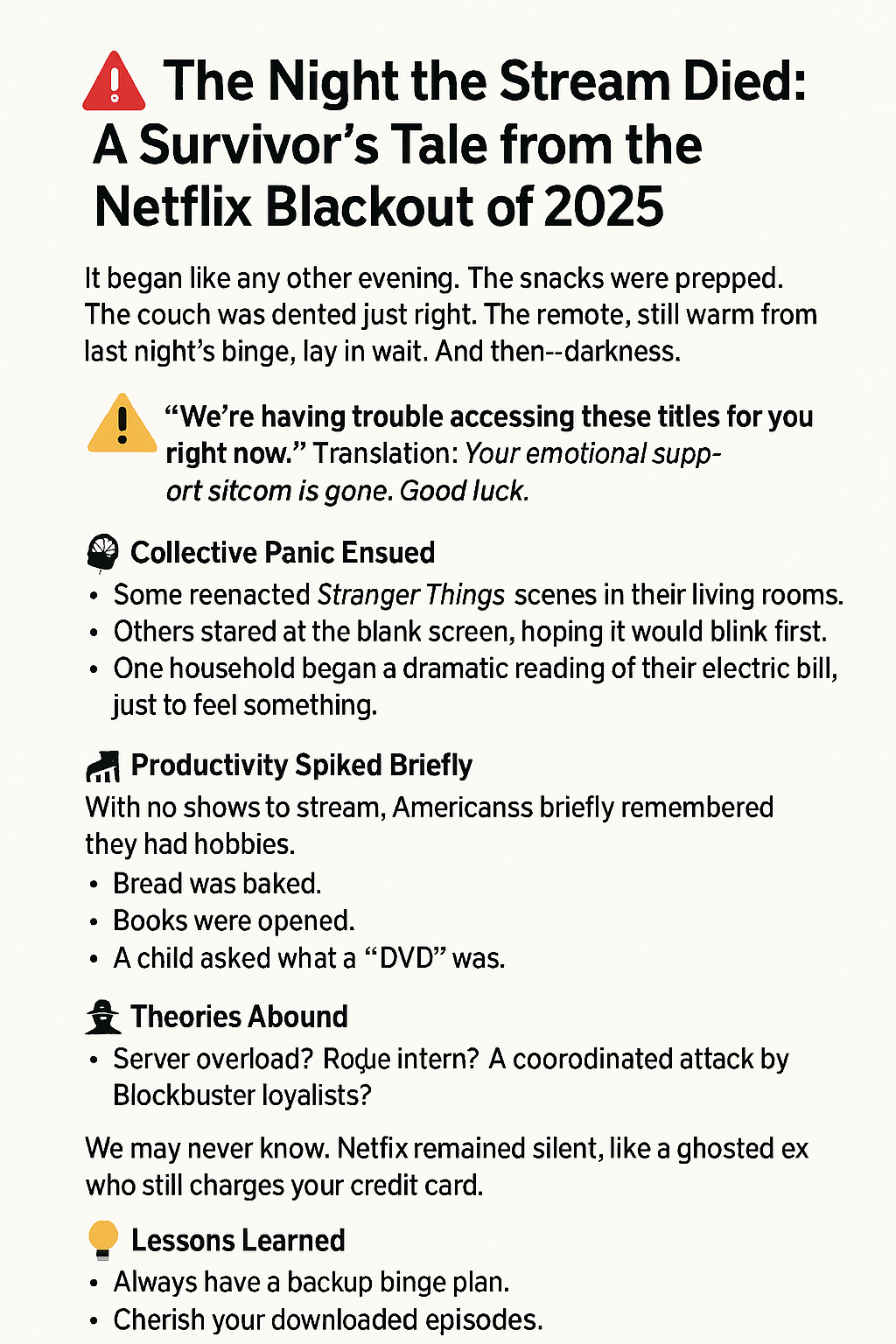 Netflix is back up.... but the Night the Stream Died: A Survivor’s Tale from the Netflix Blackout of 2025 1 Netflix is back up…. but the Night the Stream Died: A Survivor’s Tale from the Netflix Blackout of 2025